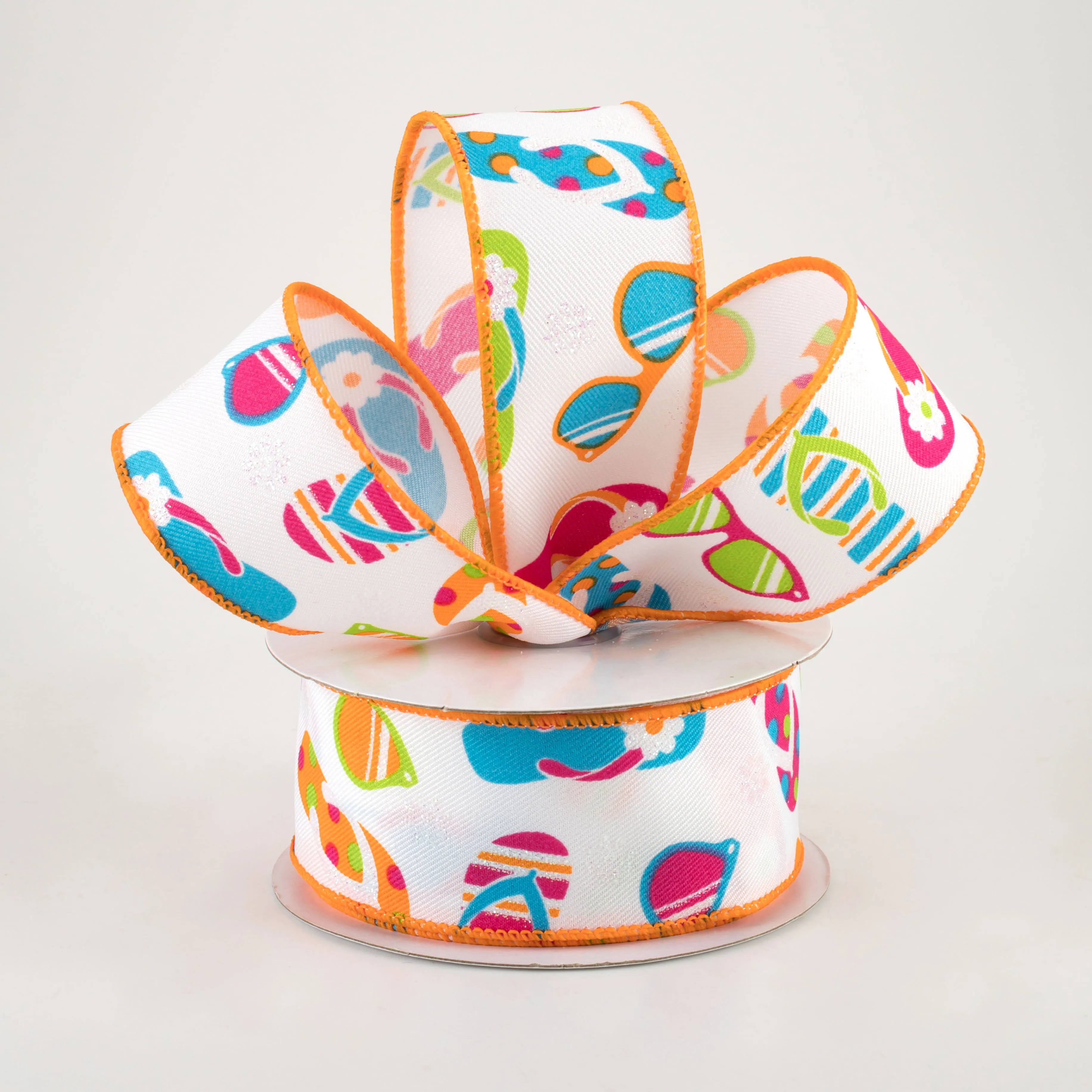 1.5" Flip Flops & Sunglasses Ribbon: White & Bright Multi (10 Yards)