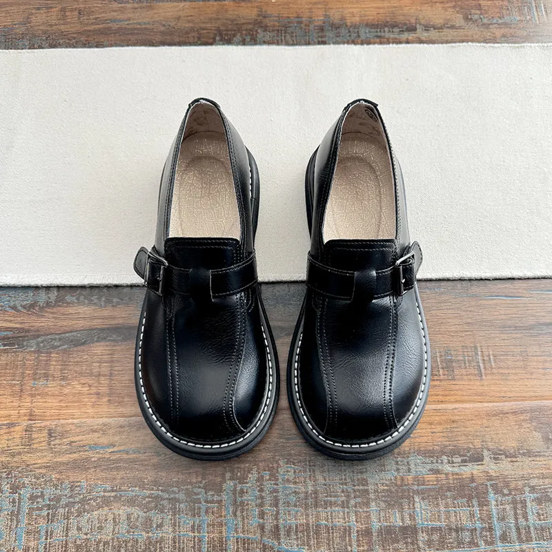 Babakud Women Spring Retro Leather Round Toe Buckle Loafers