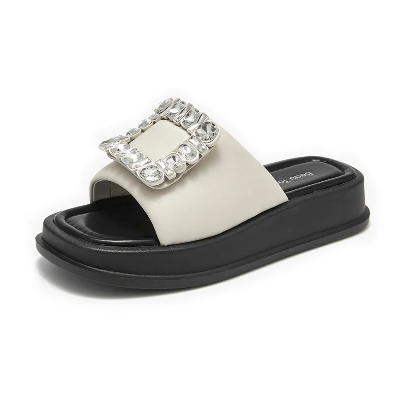 BeauToday Women's Casual Platform Slipper Flat with Fahion Rhinestone Design