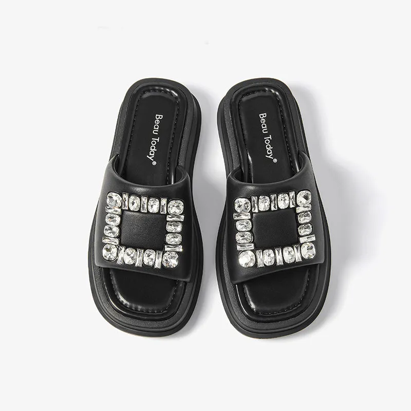 BeauToday Women's Casual Platform Slipper Flat with Fahion Rhinestone Design