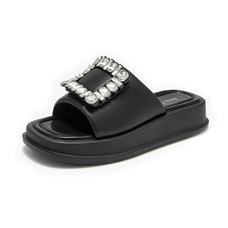 BeauToday Women's Casual Platform Slipper Flat with Fahion Rhinestone Design