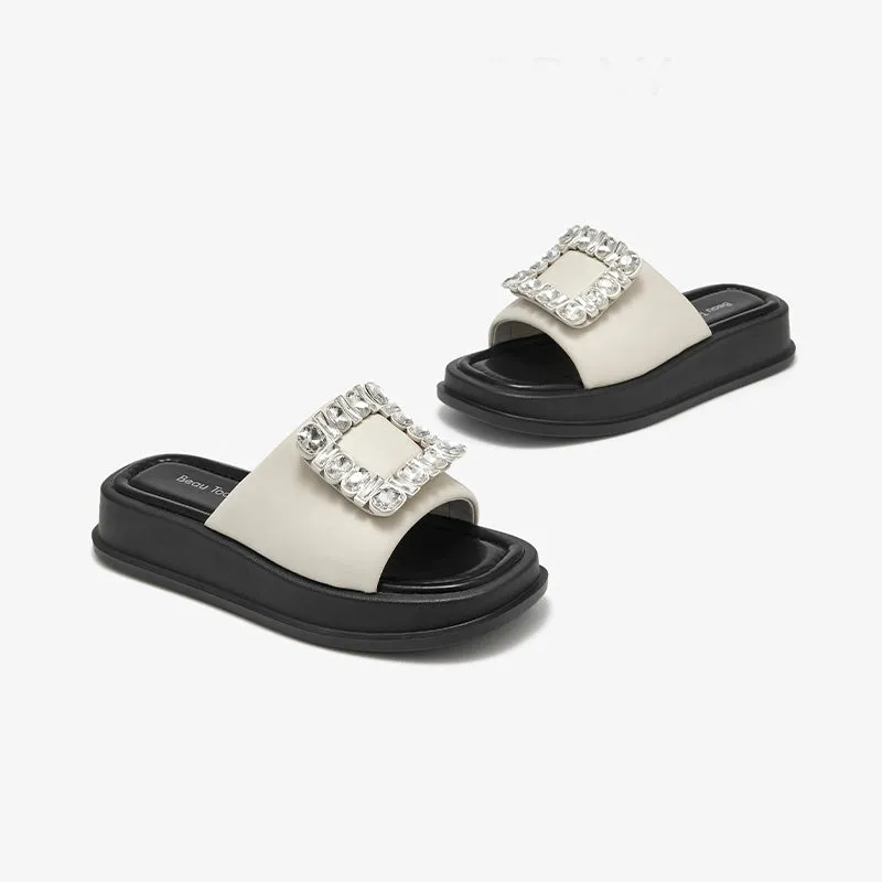 BeauToday Women's Casual Platform Slipper Flat with Fahion Rhinestone Design