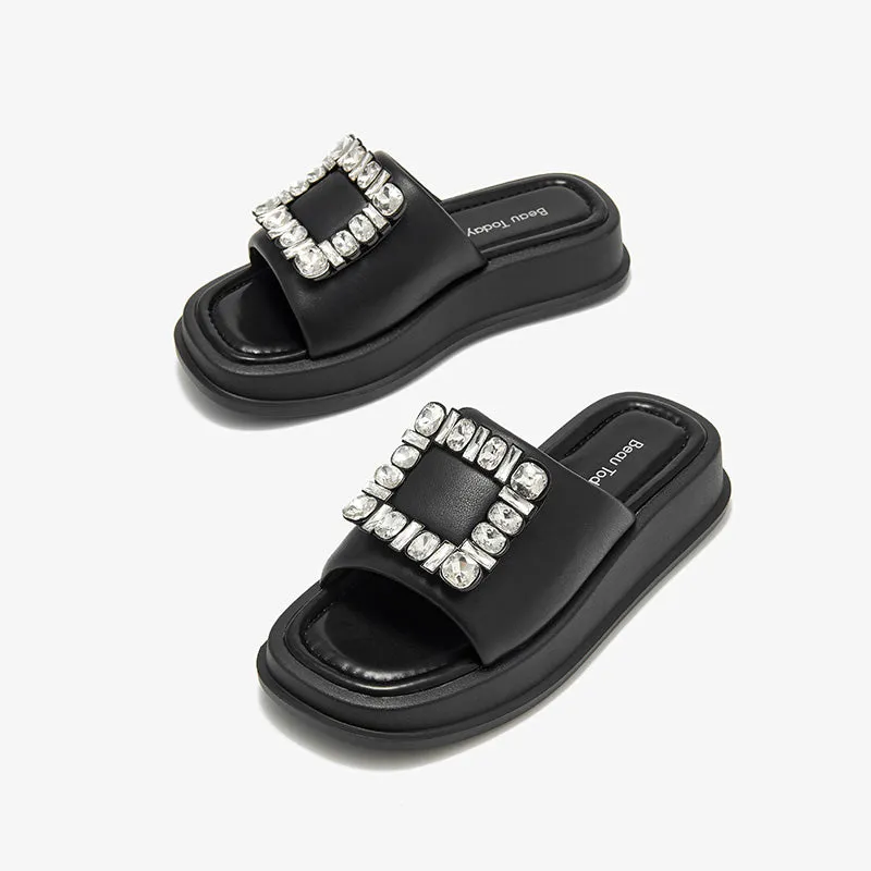 BeauToday Women's Casual Platform Slipper Flat with Fahion Rhinestone Design