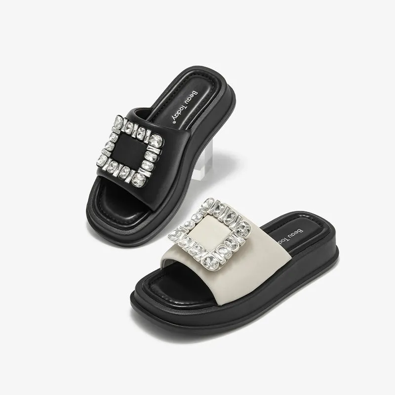 BeauToday Women's Casual Platform Slipper Flat with Fahion Rhinestone Design