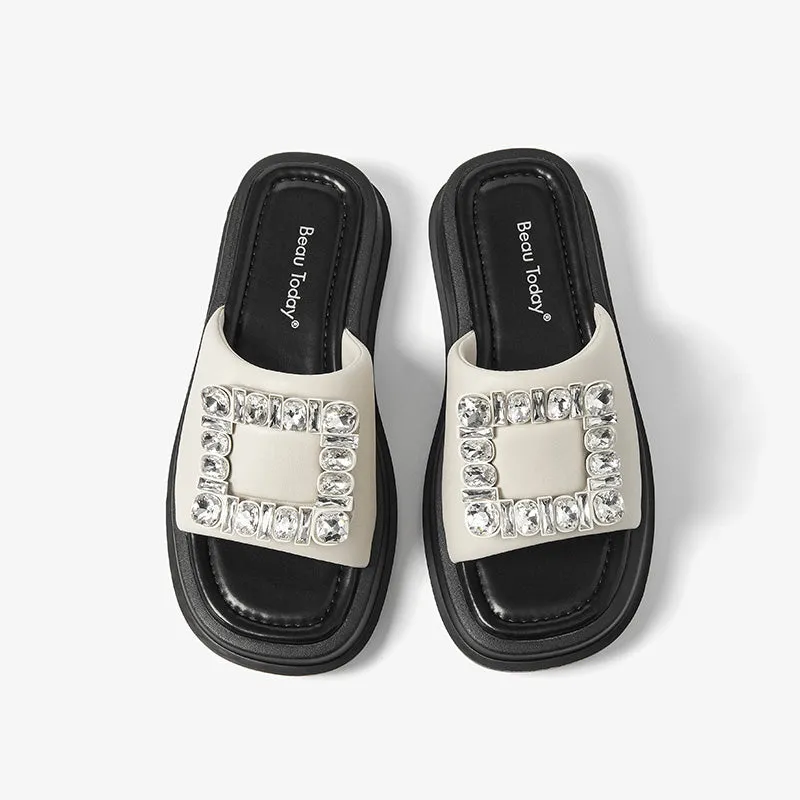 BeauToday Women's Casual Platform Slipper Flat with Fahion Rhinestone Design