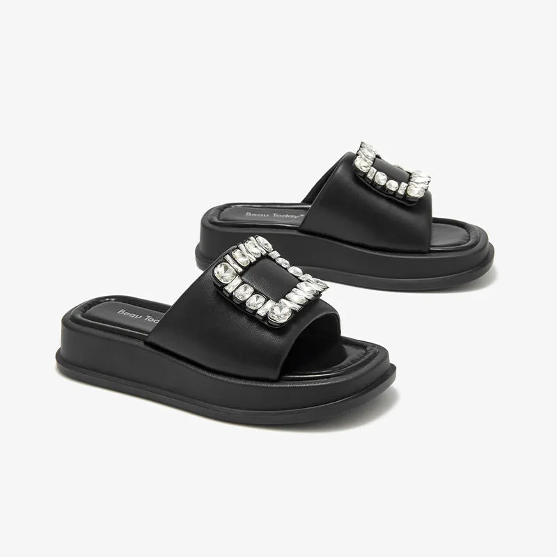 BeauToday Women's Casual Platform Slipper Flat with Fahion Rhinestone Design