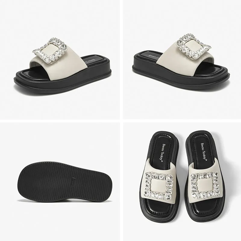 BeauToday Women's Casual Platform Slipper Flat with Fahion Rhinestone Design