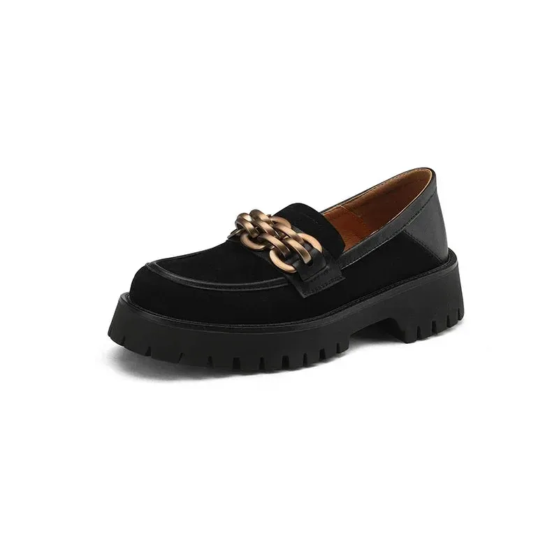 binfenxie NEW Spring/Autumn Women Loafers Round Toe Chunky Heel Shoes Sheep Suede Shoes for Women Retro Metal Buckle Platform Women Shoes