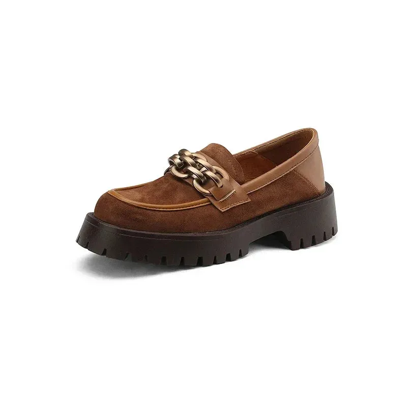 binfenxie NEW Spring/Autumn Women Loafers Round Toe Chunky Heel Shoes Sheep Suede Shoes for Women Retro Metal Buckle Platform Women Shoes