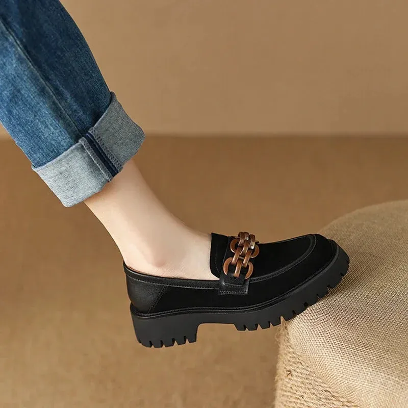 binfenxie NEW Spring/Autumn Women Loafers Round Toe Chunky Heel Shoes Sheep Suede Shoes for Women Retro Metal Buckle Platform Women Shoes