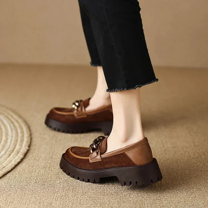 binfenxie NEW Spring/Autumn Women Loafers Round Toe Chunky Heel Shoes Sheep Suede Shoes for Women Retro Metal Buckle Platform Women Shoes