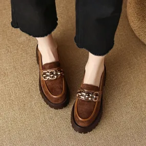 binfenxie NEW Spring/Autumn Women Loafers Round Toe Chunky Heel Shoes Sheep Suede Shoes for Women Retro Metal Buckle Platform Women Shoes