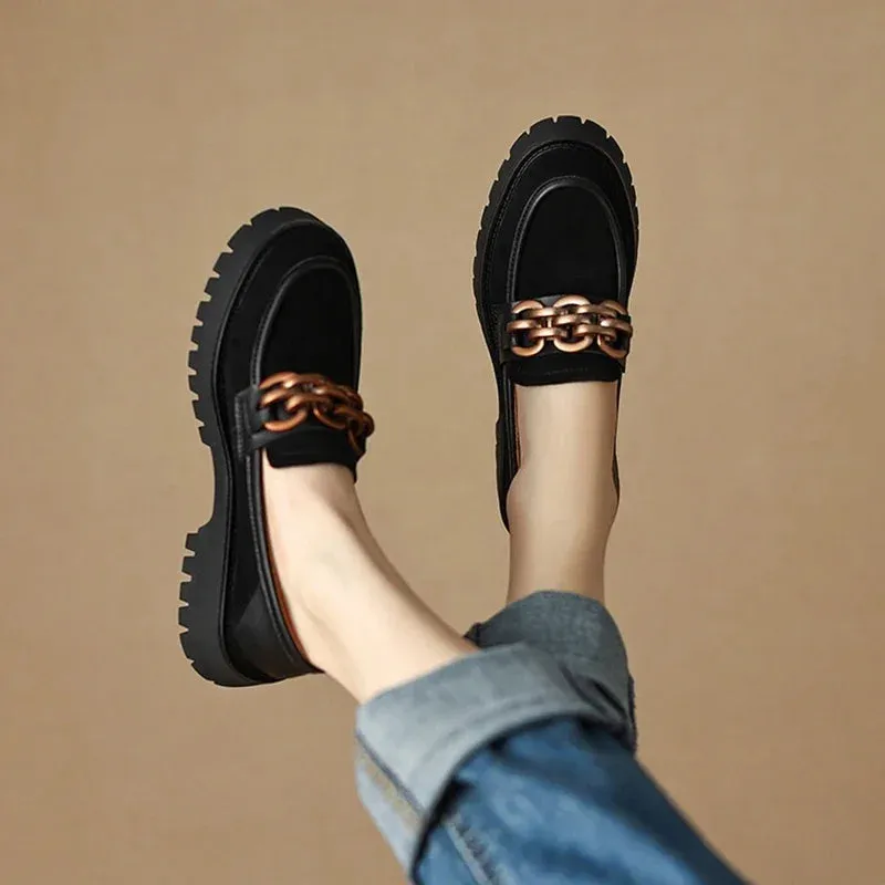 binfenxie NEW Spring/Autumn Women Loafers Round Toe Chunky Heel Shoes Sheep Suede Shoes for Women Retro Metal Buckle Platform Women Shoes