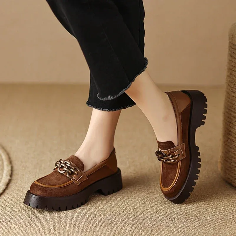 binfenxie NEW Spring/Autumn Women Loafers Round Toe Chunky Heel Shoes Sheep Suede Shoes for Women Retro Metal Buckle Platform Women Shoes