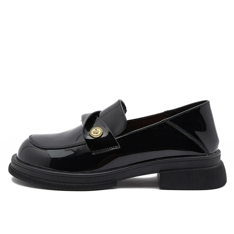 Black Fashion Genuine Leather Wide Toe Loafers for Women