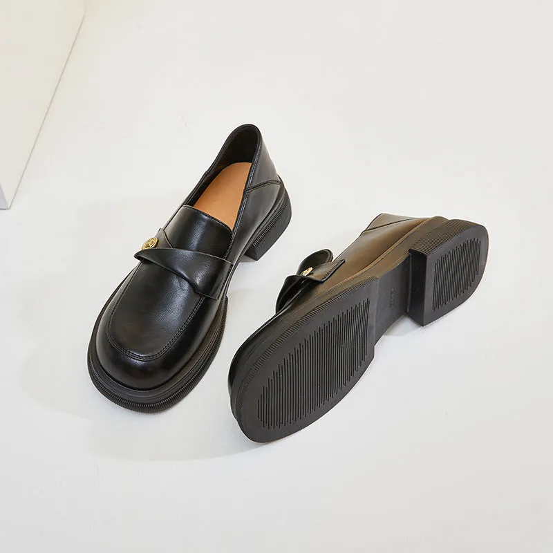 Black Fashion Genuine Leather Wide Toe Loafers for Women