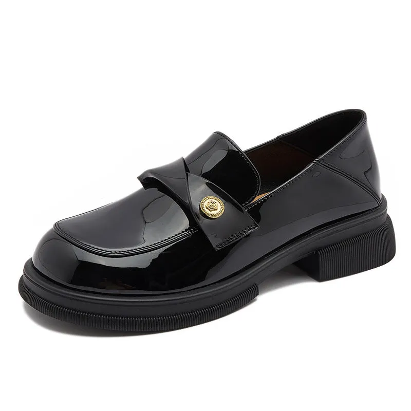 Black Fashion Genuine Leather Wide Toe Loafers for Women