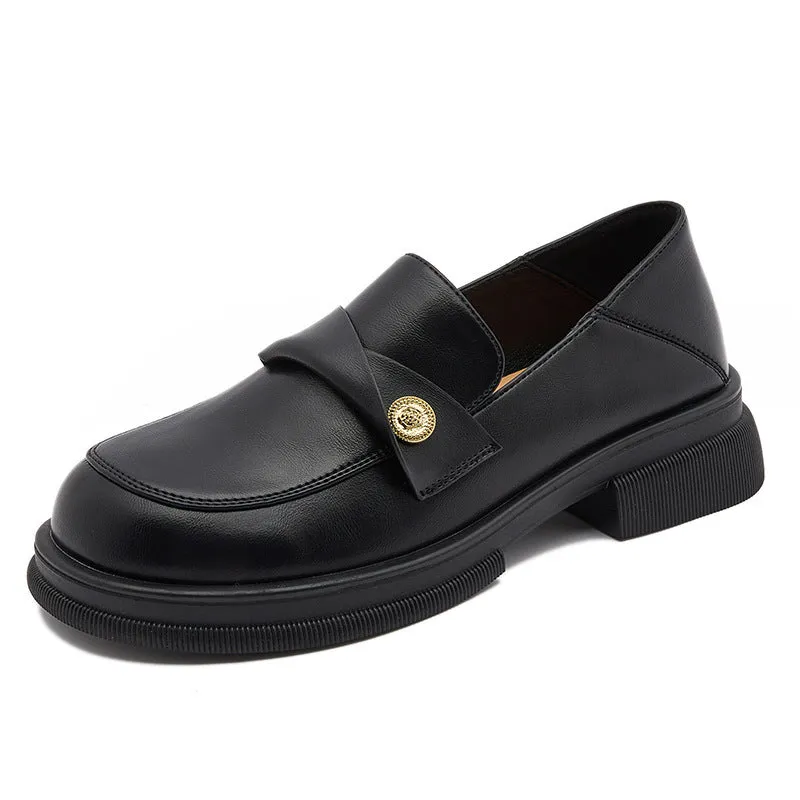 Black Fashion Genuine Leather Wide Toe Loafers for Women