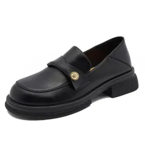 Black Fashion Genuine Leather Wide Toe Loafers for Women