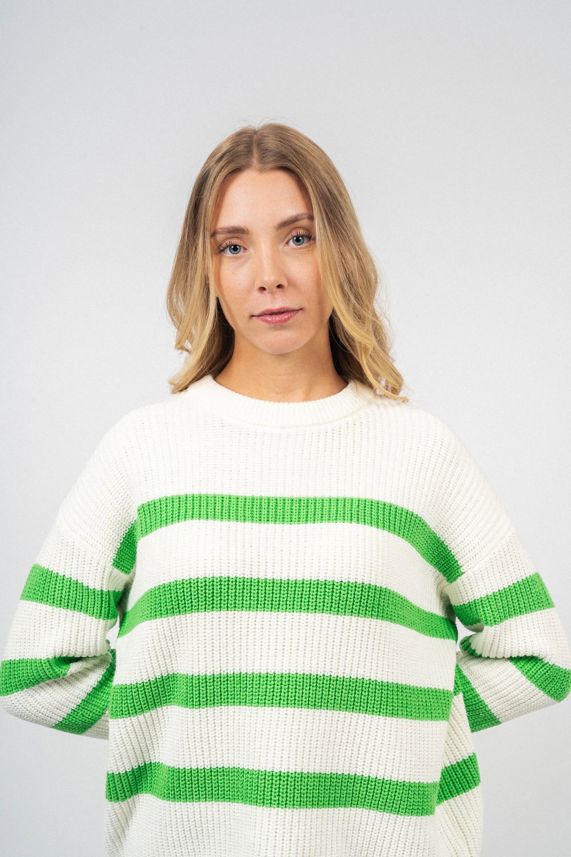 Bloomie Ls Knit O-Neck - Snow White/Classic Green