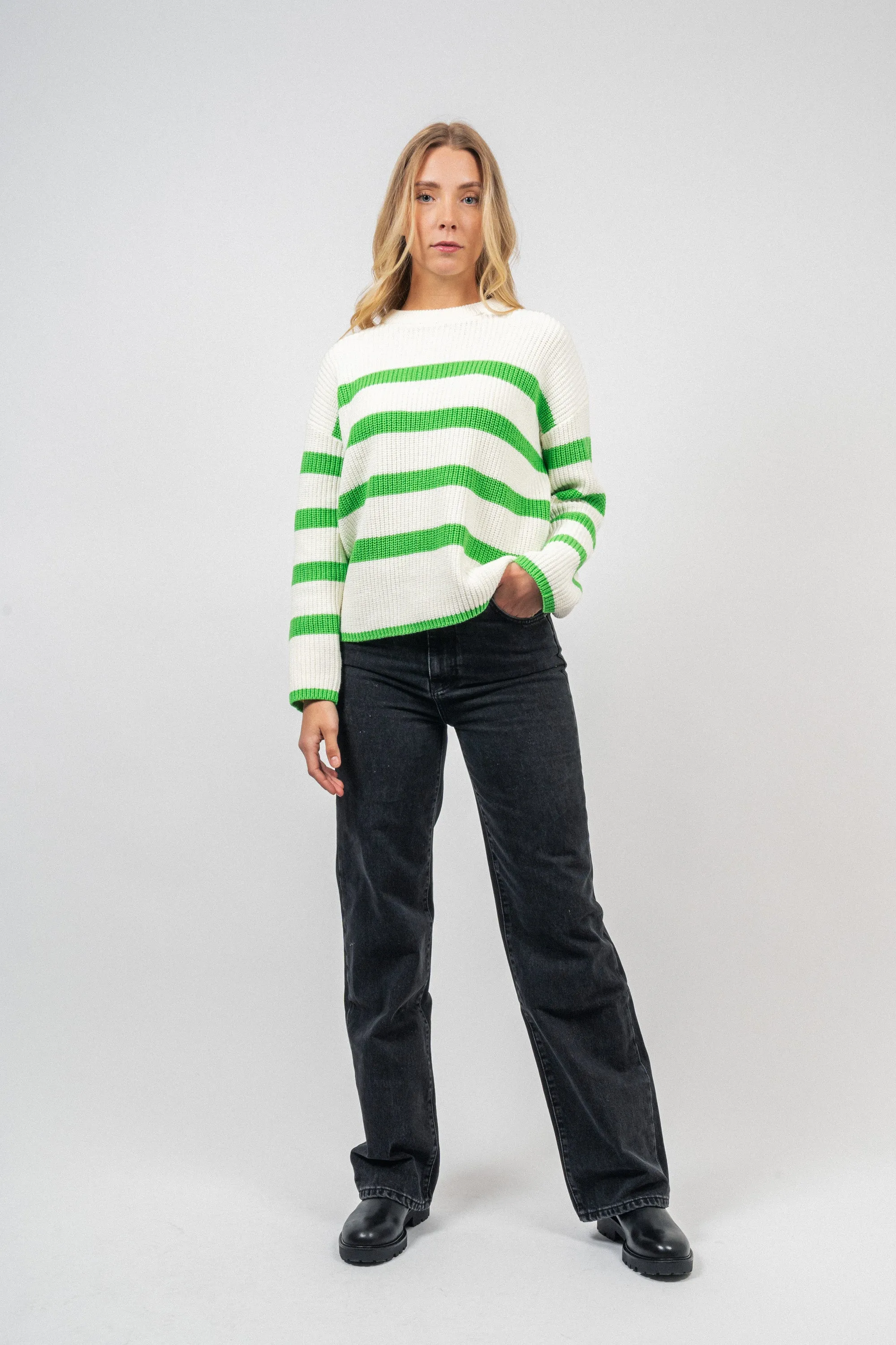 Bloomie Ls Knit O-Neck - Snow White/Classic Green