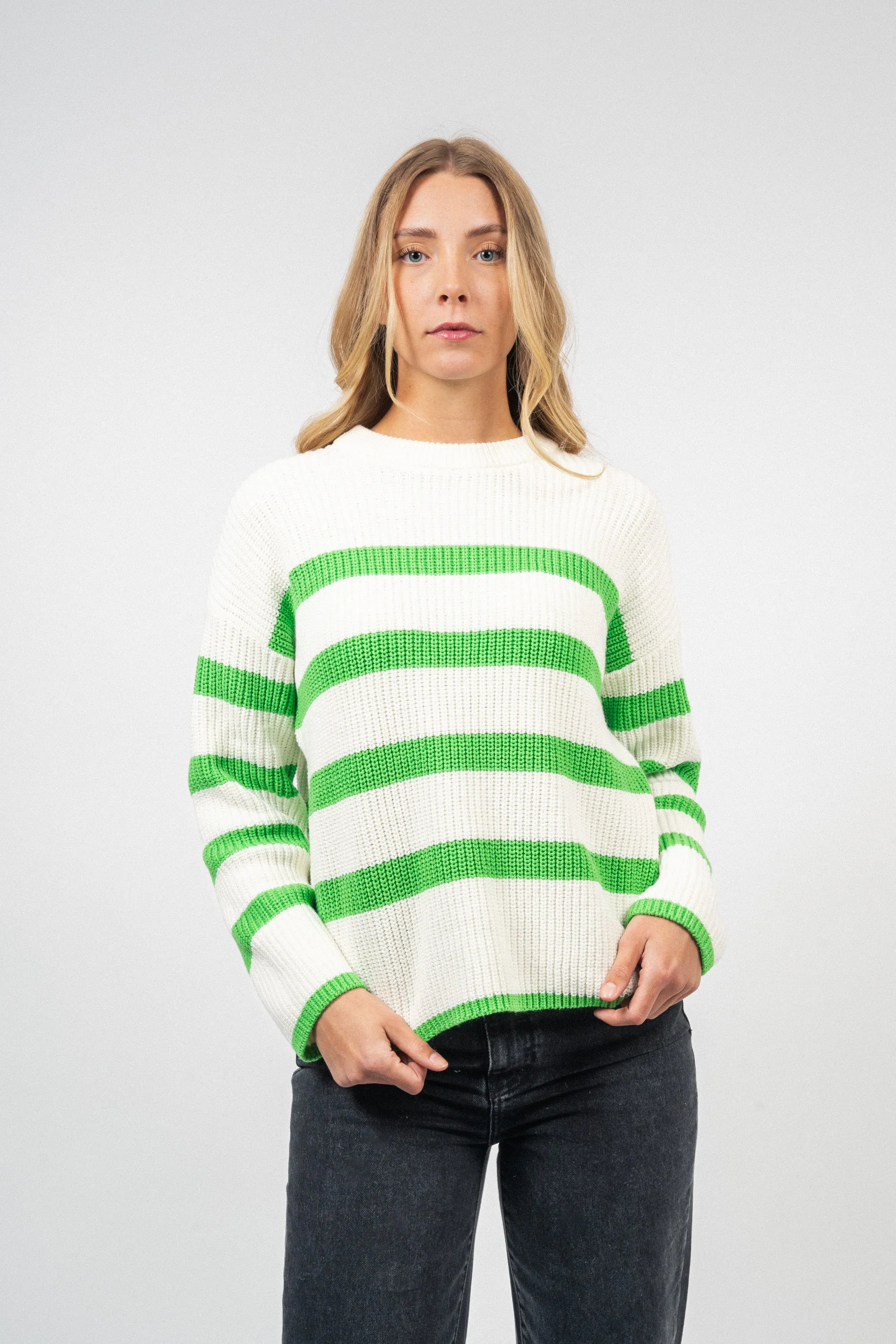 Bloomie Ls Knit O-Neck - Snow White/Classic Green