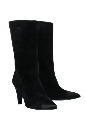 Chanel - Cap Toe Mid-Calf Black Suede Boots w/ Embroidery Sz 8