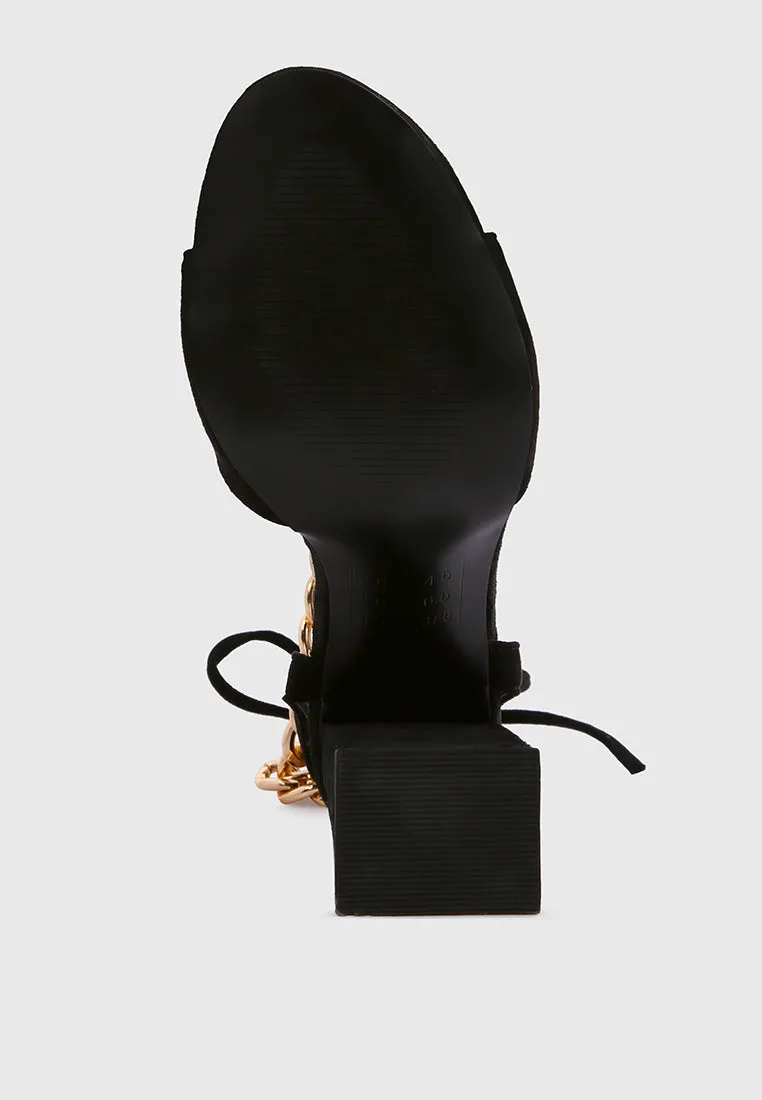 gone gurl chain embellishment tie up block heel sandals