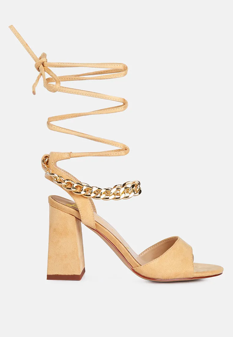 gone gurl chain embellishment tie up block heel sandals