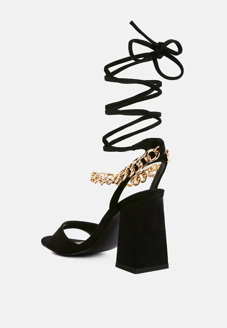 gone gurl chain embellishment tie up block heel sandals