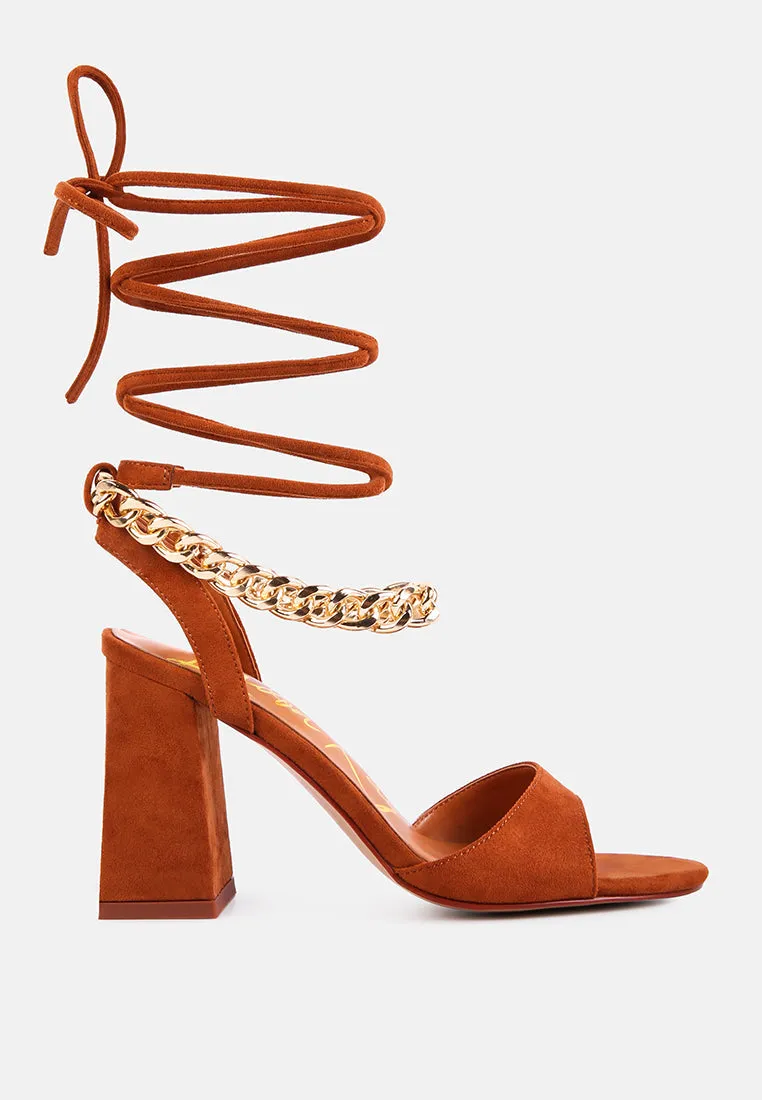 gone gurl chain embellishment tie up block heel sandals