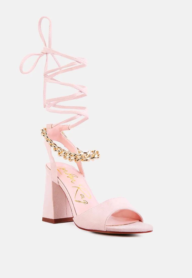 gone gurl chain embellishment tie up block heel sandals