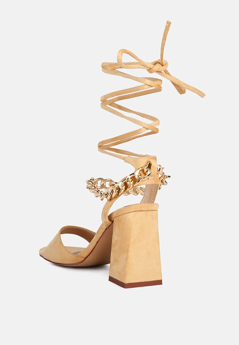 gone gurl chain embellishment tie up block heel sandals
