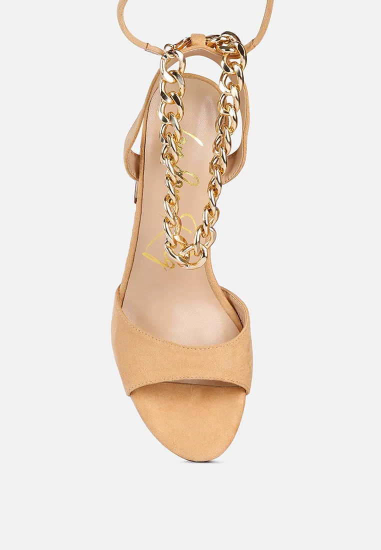 gone gurl chain embellishment tie up block heel sandals