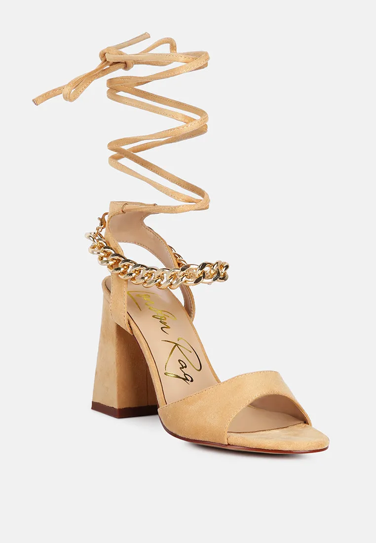 gone gurl chain embellishment tie up block heel sandals