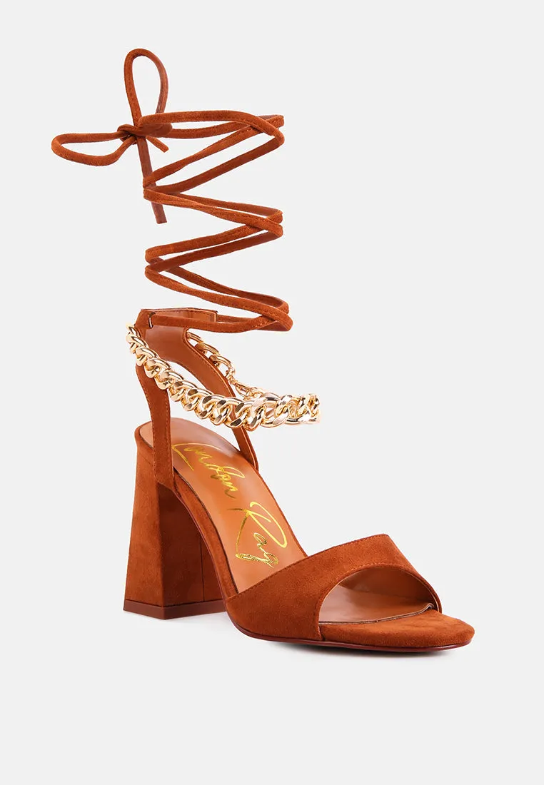 gone gurl chain embellishment tie up block heel sandals