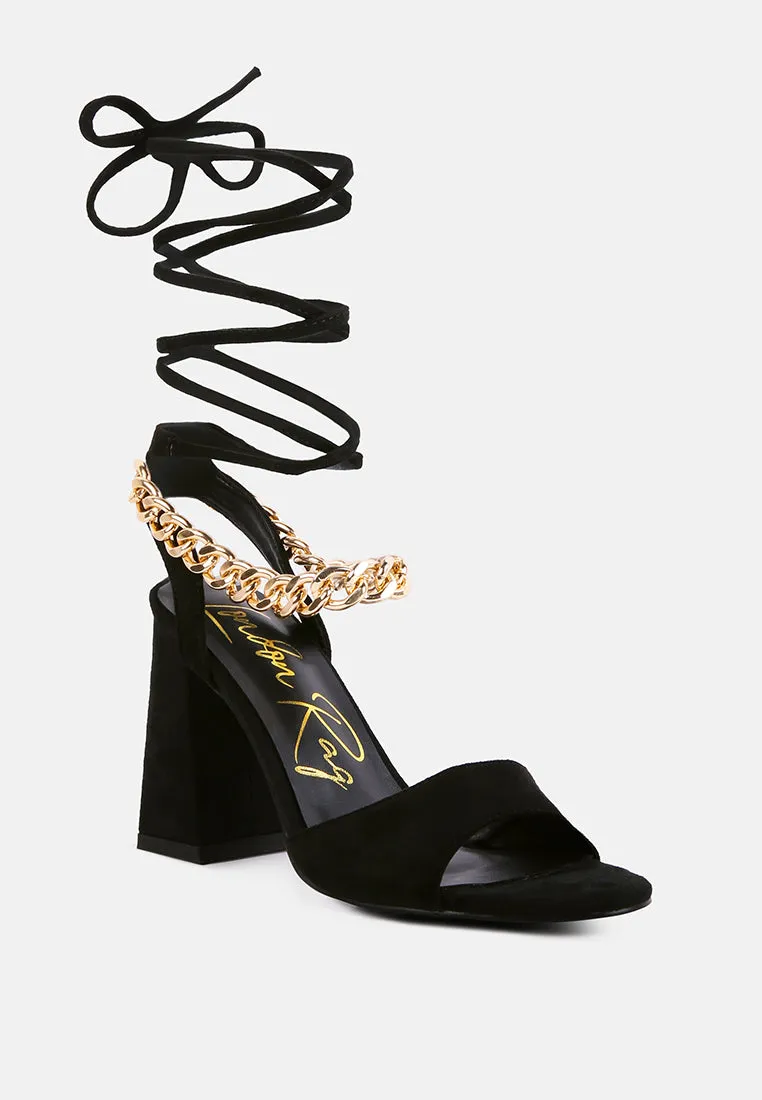 gone gurl chain embellishment tie up block heel sandals