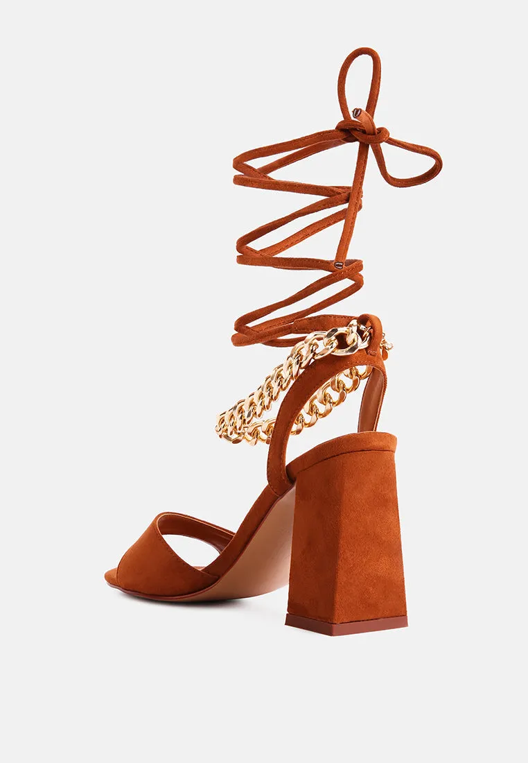 gone gurl chain embellishment tie up block heel sandals