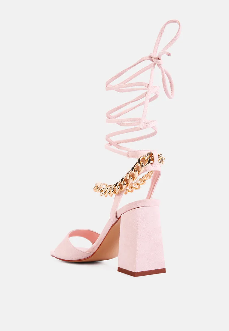 gone gurl chain embellishment tie up block heel sandals