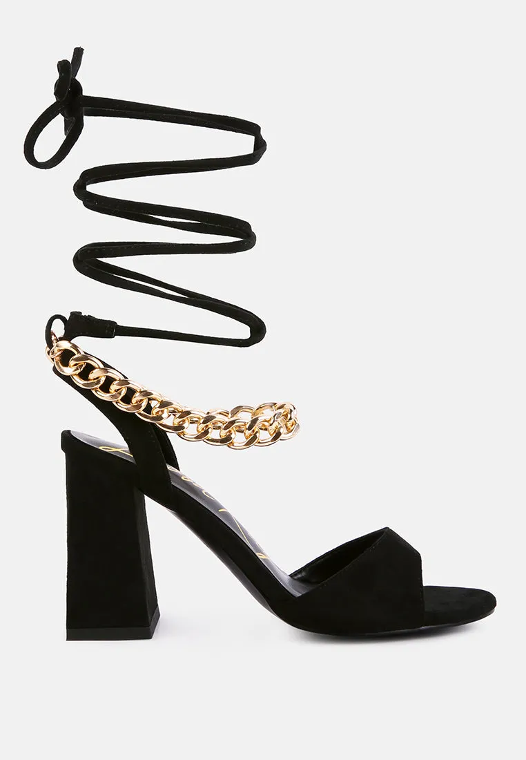 gone gurl chain embellishment tie up block heel sandals