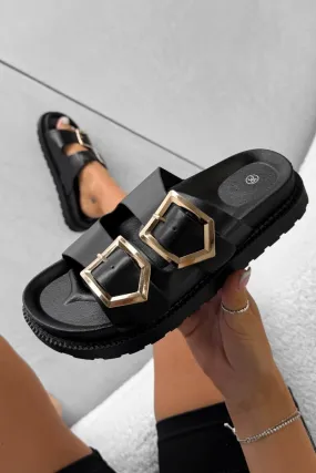 HANNAH Chunky Studded Buckle Sandals - Black