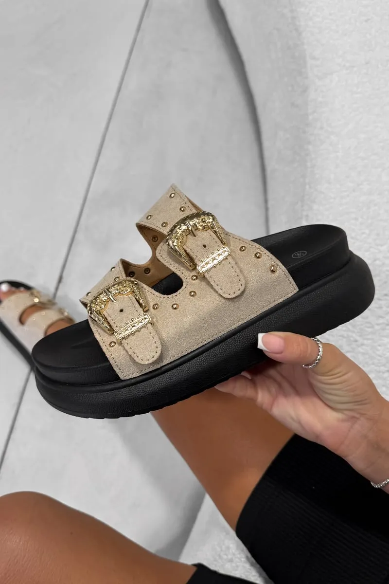 HAZEL Chunky Studded Buckle Sandals - Beige