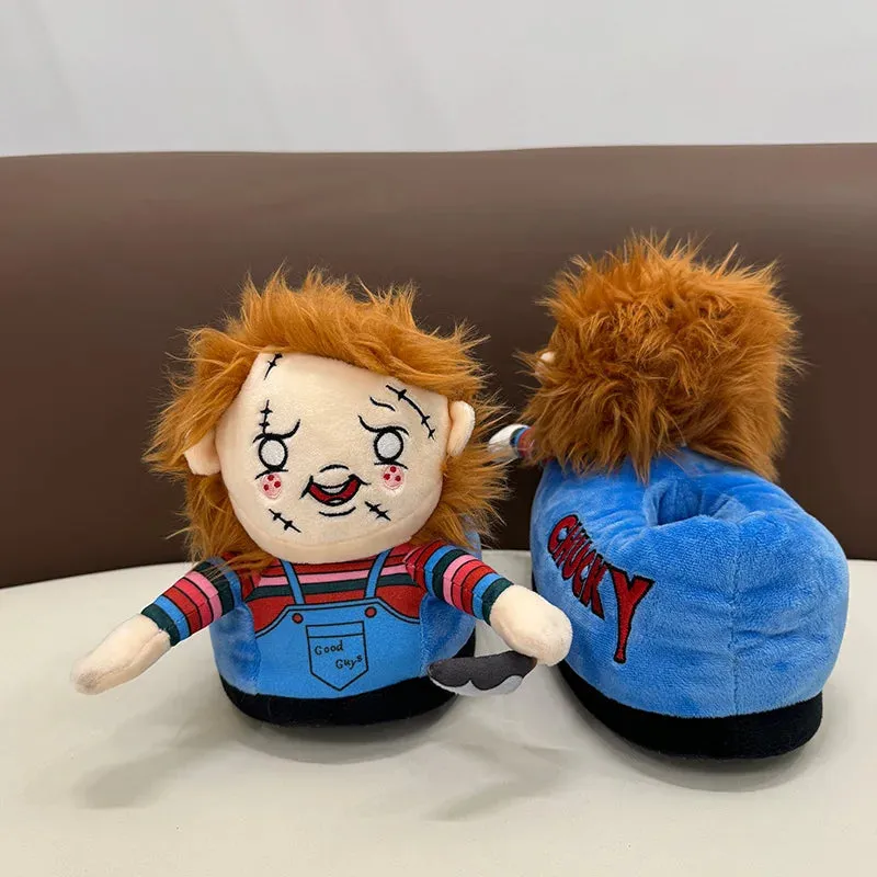 Highland Cow Halloween Michael Myers & Chucky Plush Slippers – Soft Horror Themed House Shoes