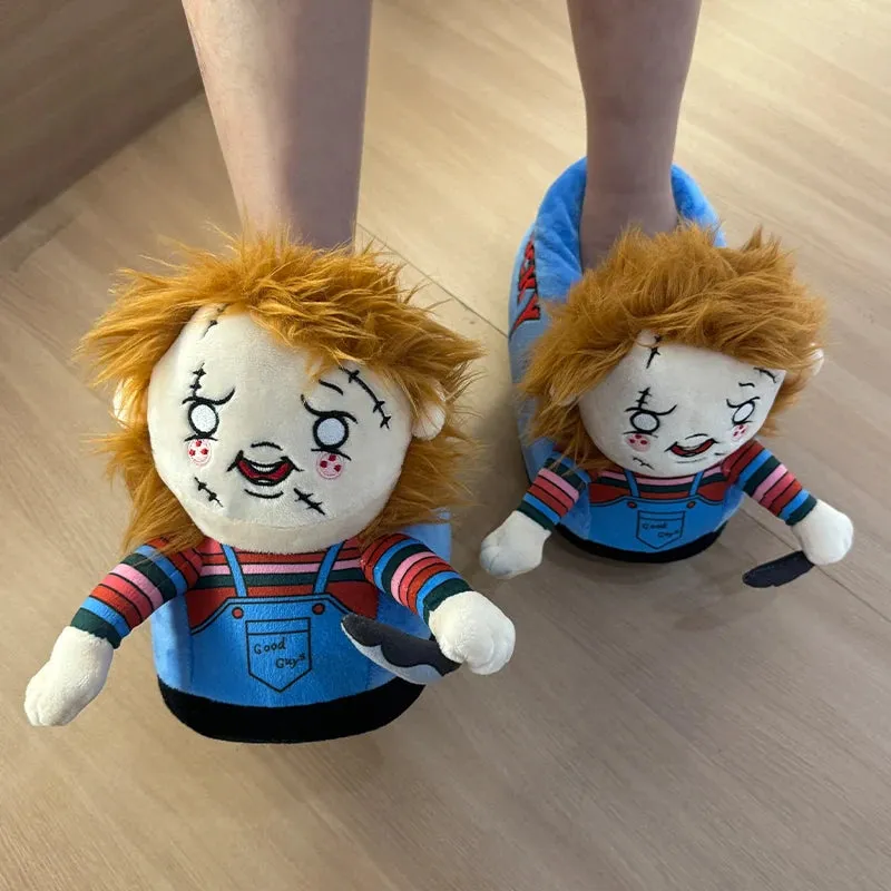 Highland Cow Halloween Michael Myers & Chucky Plush Slippers – Soft Horror Themed House Shoes