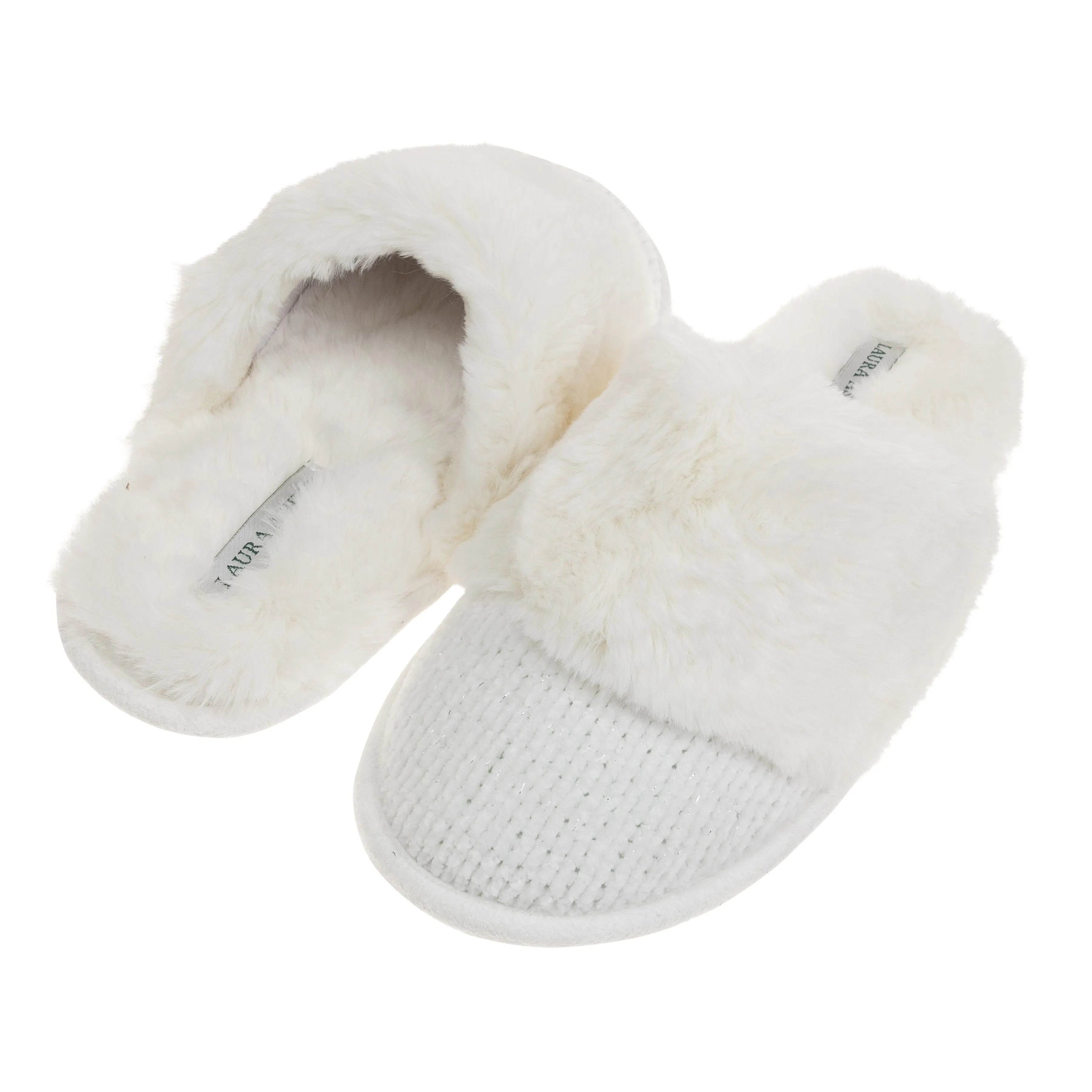 Laura Ashley Ladies Chenille & Faux Fur Scuff W/ Memory Foam Slippers