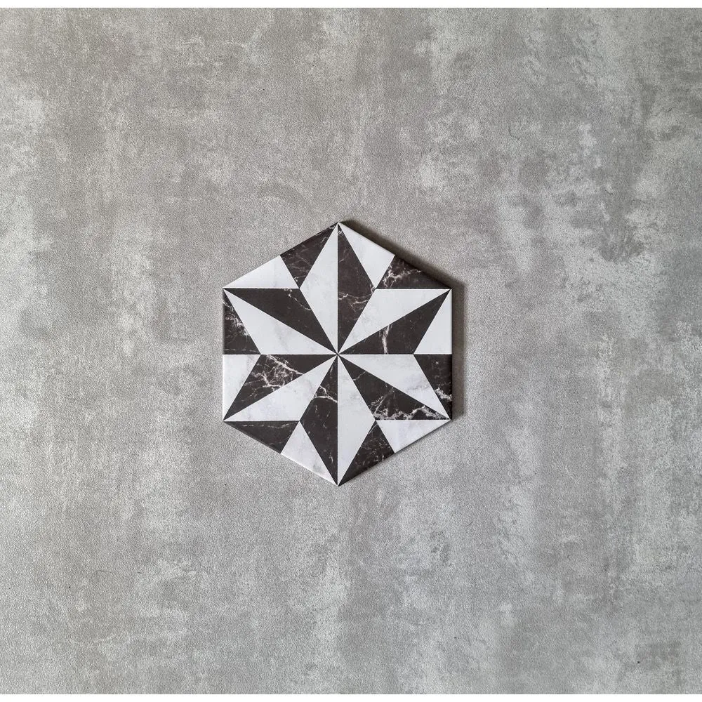 Plaza Marquina Black & Carrara White Hexagon 18.7cm x 21.6cm