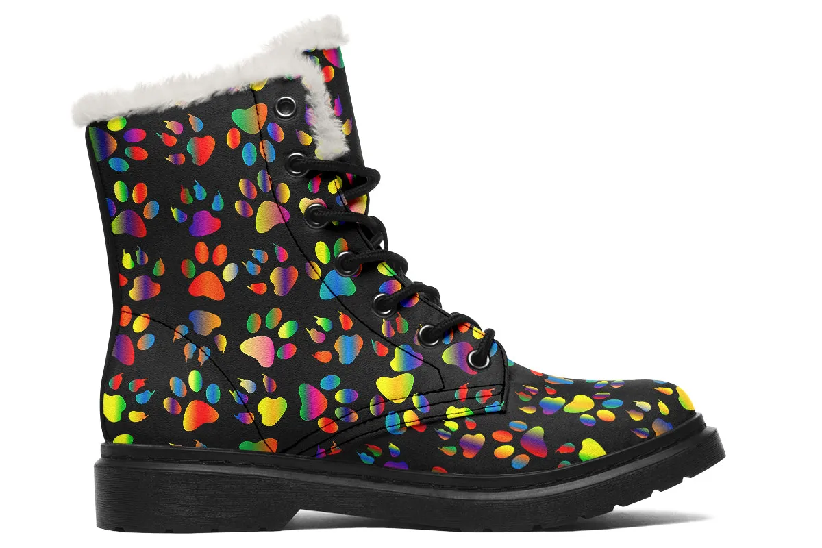 Rainbow Paw Prints Faux Fur Boots