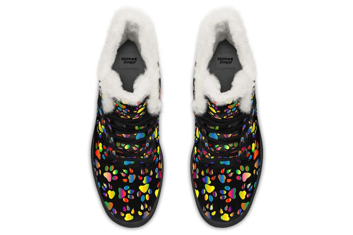 Rainbow Paw Prints Faux Fur Boots