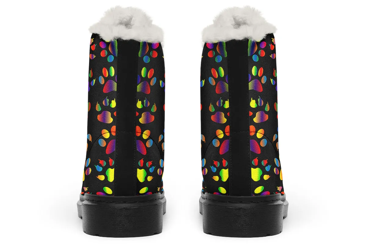 Rainbow Paw Prints Faux Fur Boots