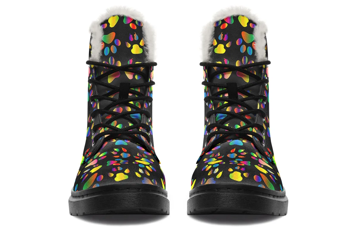 Rainbow Paw Prints Faux Fur Boots